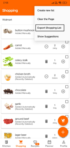 Export Shopping List option in overflow menu